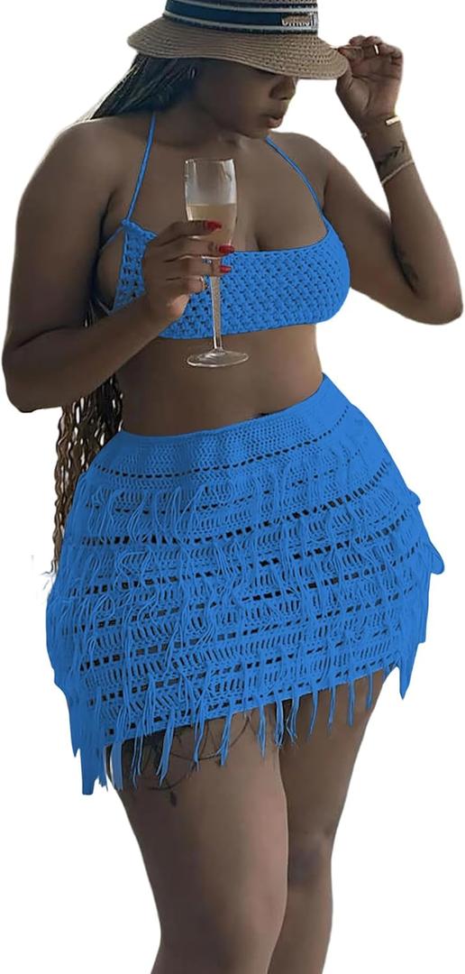 CALEBGAR Women 2 Piece Outfits Sexy Crochet Mini Dress Hollow Tassel Skirts Sets Summer Bandage Tube Tops (Small, Blue)
