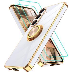 Gritup for Samsung Galaxy S25 Plus Case: with 2Pcs Screen Protector, 360 Rotation Ring Holder Magnetic Kickstand Plating Gold Edge Soft TPU Shockproof Protective Cover for S25 Plus, White