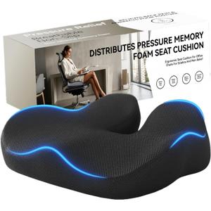Memory Foam Seat Cushion for Office Chair, Car, Wheelchair  Coccyx Tailbone Support Pad for Sciatica & Back Pain Relief, Ergonomic Chair Cushion for Home, Travel, Work Desk (Black)