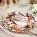 Nuanchu Dried Flower Wedding Headband Flower Crown Real Floral Bridal Bridesmaid Headpiece with Ribbon Maternity Photo Props(Pink,Stylish)