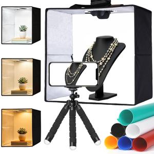 Portable Light Box Photography, 16x16 inches, Folding Photo Studio Light Box with 144 LED Lights, Diffuser, and 6 PVC Backdrops for Jewelry, Watches, Cosmetics Photography