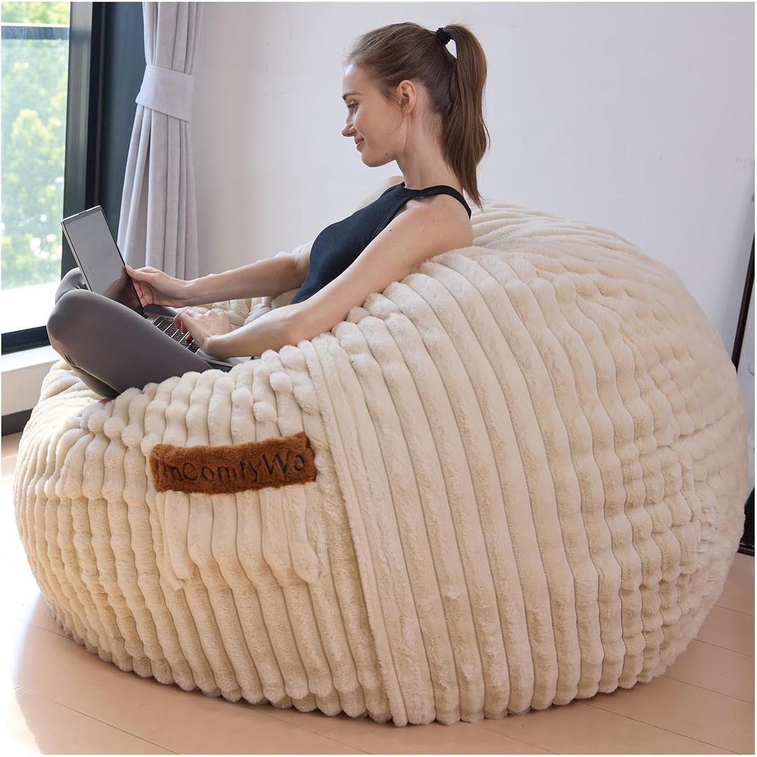 Moive Beanbag Duo Round Bean Bag Chair–Comfortable Bean Bags Lounge & Bean Bag Sofa for Adults & Couples, Fabric, Ideal for Living Room or Dorm-Cover-Stripe Fur-Beige