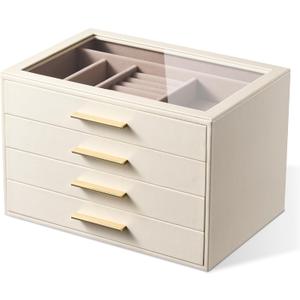 pickpiff Jewelry Box Organizer Case for Women: 4-Layer Jewelry Storage Case with Glass Window, Ivory Leather with Pink Velvet, Holder for Ring Necklace Bracelet Brooch Watch, Great Gift for Her (White)