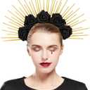 Fantherin Halo Crown with Roses Womens Mexican Flower Goddess Rose Spiked Sun Headpiece for Cosplay Halloween Costume (Black)