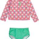 RuffleButts Baby/Toddler Girls Long Sleeve Rash Guard 2 Piece Swimsuit Set w/UPF 50+ Sun Protection with Zipper (3-6 Months, Pink Tee Time)