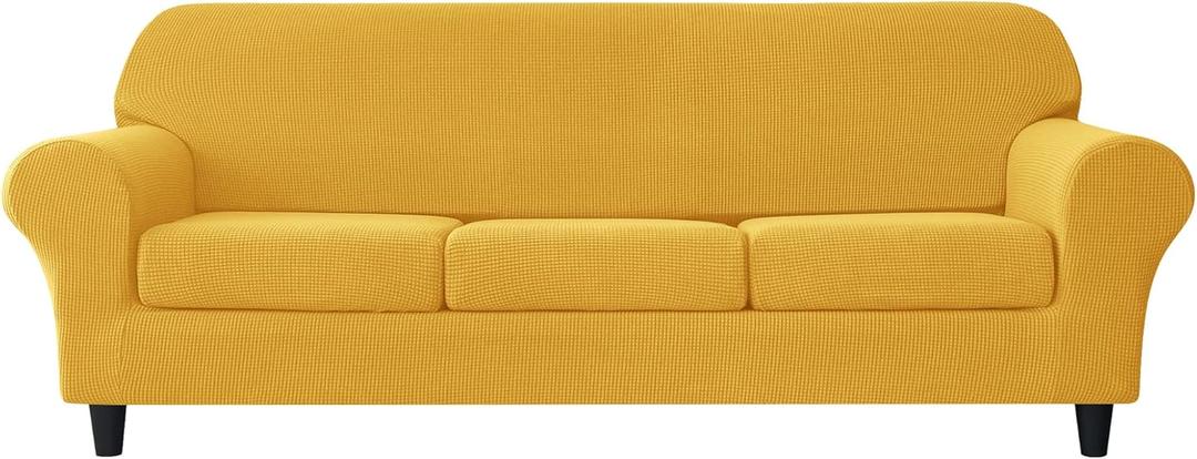 CONRUSER Stretch Sofa Slipcover, Soft Jacquard Sofa Covers for 3 Cushion Couch Washable Furniture Protector for Pets & Kids (Yellow, L)