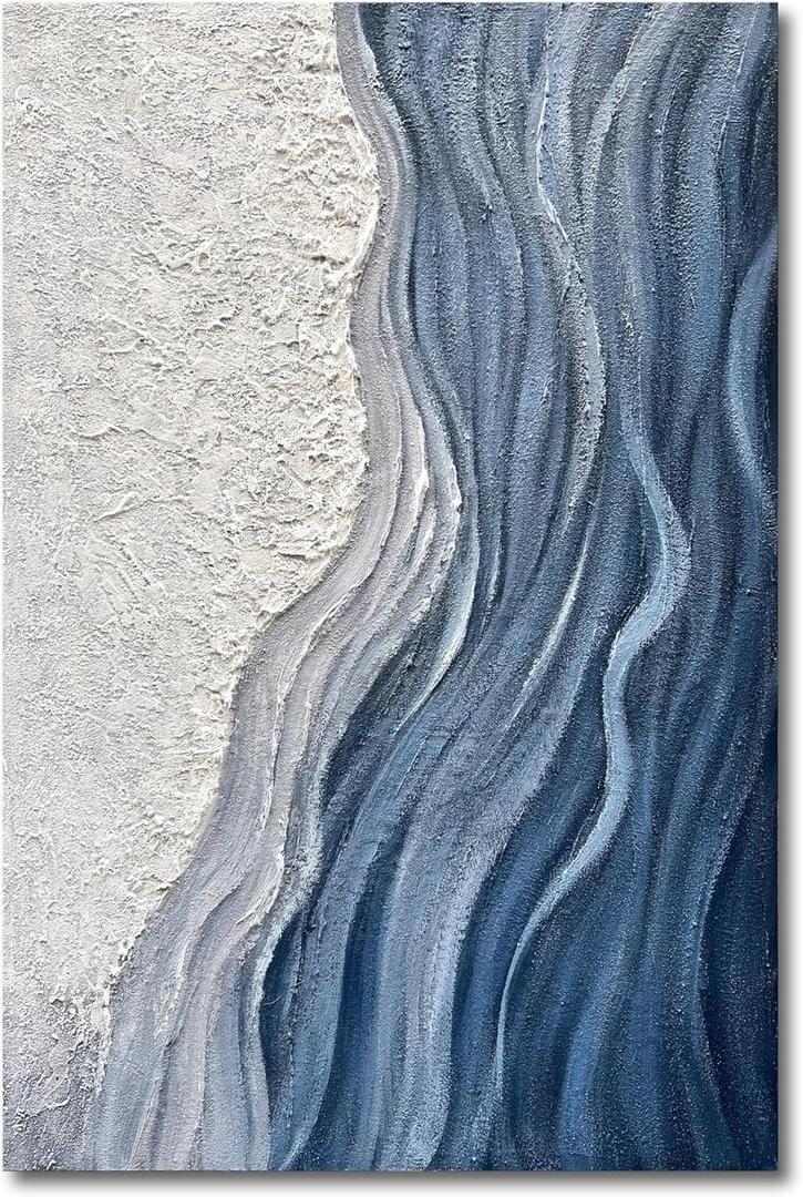Art Hand-Painted Blue and White Texture Abstract Art Oil Painting Modern Art Oil on Canvas Large Wall Art Deco 45x30 inches,Yi049