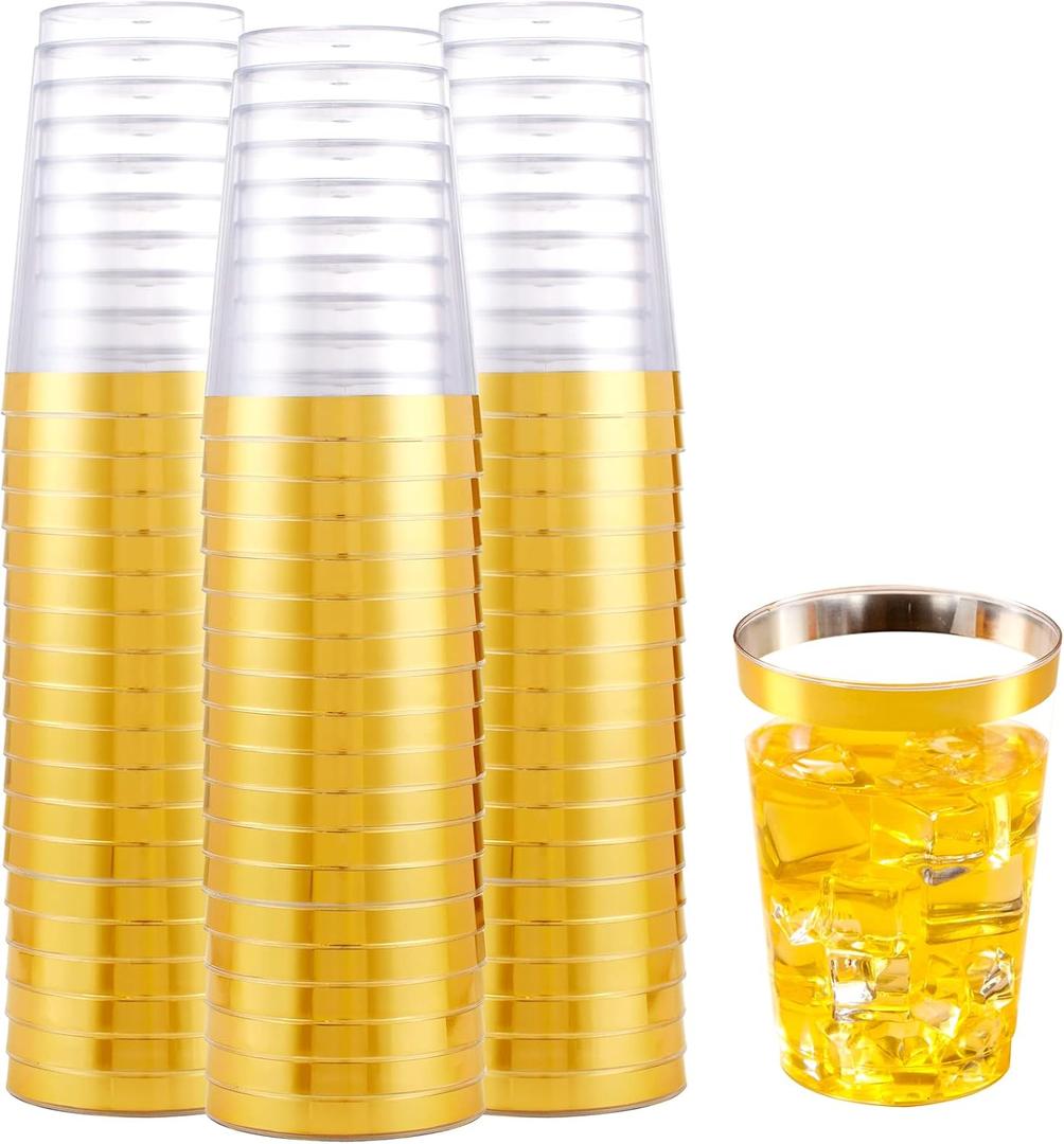 LUODA 150 PACK Gold Plastic Cups,12 Oz Clear Plastic Cups Tumblers, Elegant Gold Rimmed Plastic Cups, Disposable Cups With Gold Rim Perfect For Wedding and Party