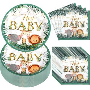 Umigy 100 Pcs Baby Shower Decorations Set for 50 Guests Baby Shower Paper Plates and Napkins for Gender Reveal Disposable Utensils Tableware Birthday Party Supplies(Safari Animals)