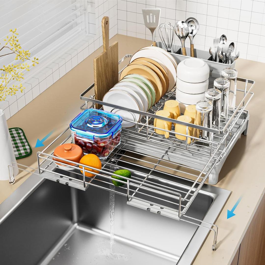 Laveshop Dish Drying Rack, 304 Stainless Steel Expandable Dish Drainer for Kitchen Counter, Space-Saving with Utensil Holder, Gray