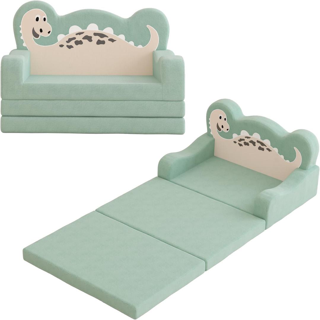 YACODAVO 2-in-1 Kids Couch Fold Out, Convertible Toddler Couch to Lounger, Toddler Chair Comfy, Kids Sofa for Girls and Boys, Gift for Birthday, Children's Day, Dinosaur Green