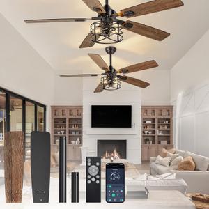 Depuley 52in Ceiling Fans with Lights: 2 Pack Black Caged Ceiling Fan with Remote - Farmhouse Ceiling Fan with Dual Finish 5 Blades for Living Room Patio 6 Speeds Timer Reversible E26 Bulbs Included