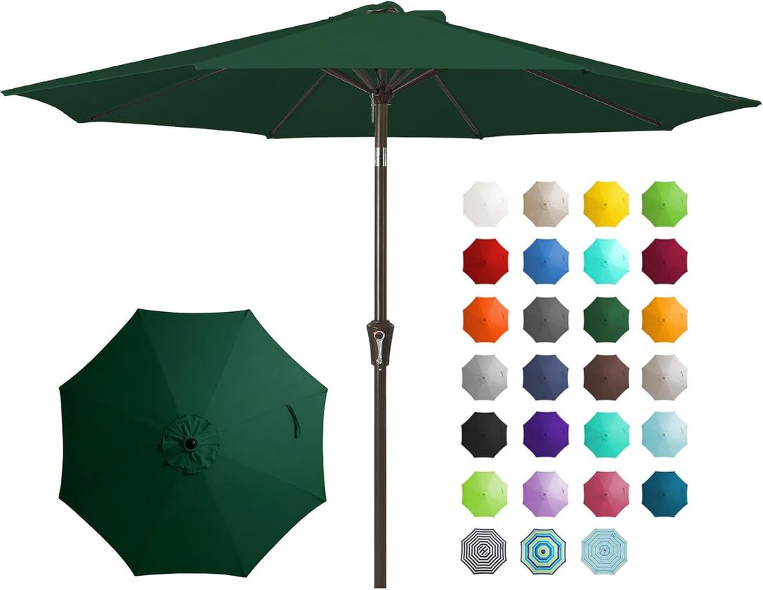 JEAREY 9FT Outdoor Patio Umbrella Outdoor Table Umbrella with Push Button Tilt and Crank, Market Umbrella 8 Sturdy Ribs UV Protection Waterproof for Garden, Deck, Backyard, Pool (Dark Green)