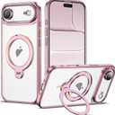 AmoraAqua Compatible with iPhone 17 Air Case with 360° Spin Magnetic Ring Stand [Compatible with Mag-Safe] Full Camera Lens Protector Plating Clear Phone Case for iPhone 17 Air 6.5", Pink