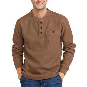 PRIVIMIX Mens Waffle Henley Long Sleeve Cotton Casual T-Shirt Fashion Three Button Pullover with Pocket Brown L