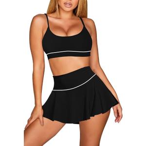 Pink Queen 2026 High Waisted Bikini Set for Women 2 Piece Swimsuits Scoop Neck Spaghetti Straps Swim Skirt Bathing Suits, S