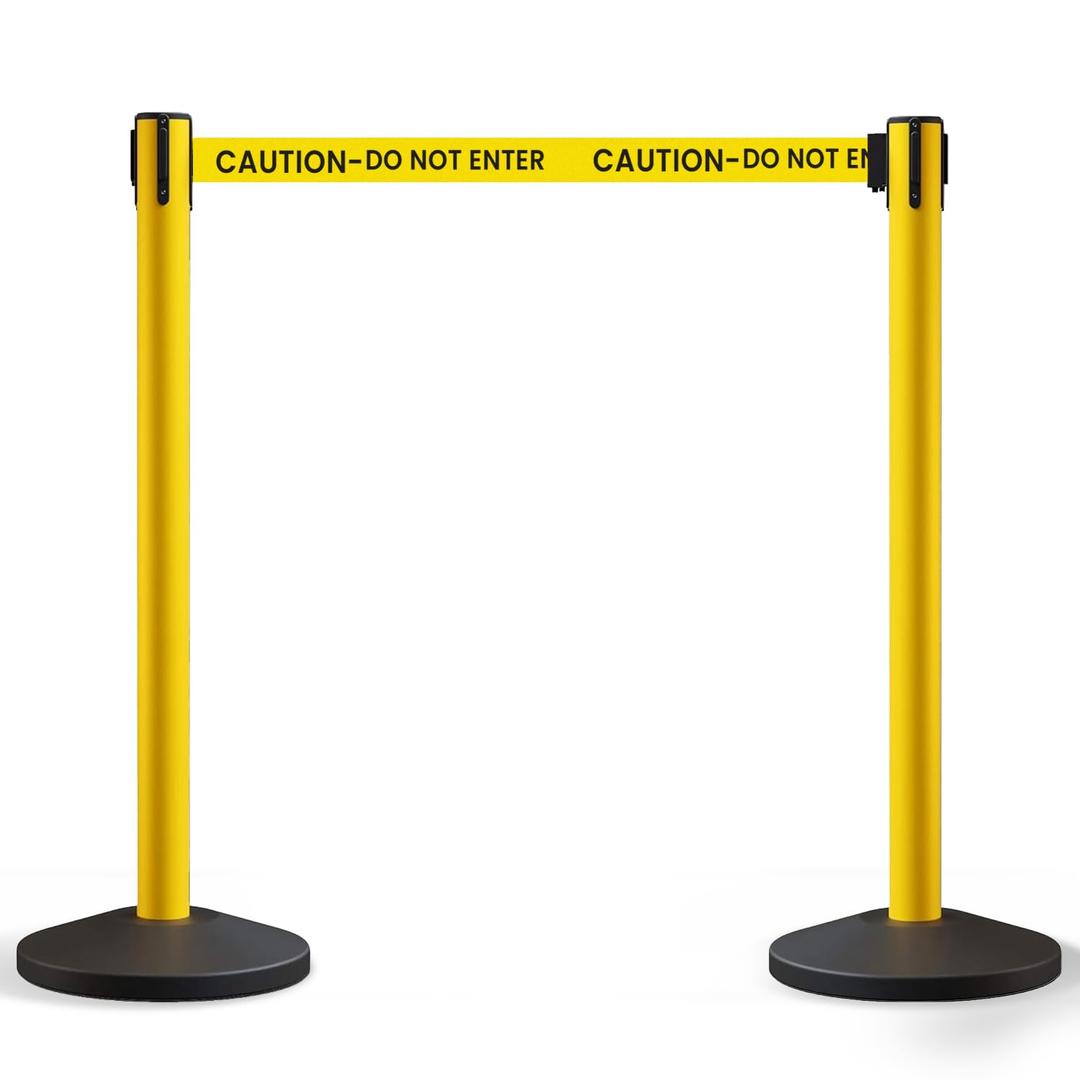 Crowd Control Warehouse Set of 2 Stanchion Retractable Belt Barriers, 11 Foot 'Caution Do Not Enter' Belt Barrier with 40 Yellow Posts, Barriers with Heavy Duty Concrete Base, CCW Series RBB-100