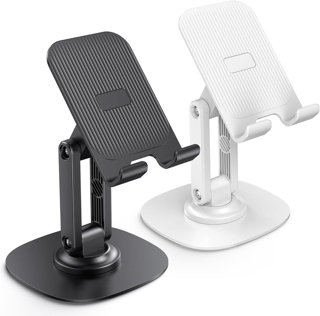 OMOTON Cell Phone Stand for Desk, 2 Pack Adjustable Foldable Phone Holder, 360 Swivel Mobile Stand Fit for iPhone 16 15 14 13 12 Pro Max and All Smart Phones, Black & White