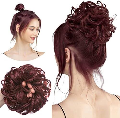 CJL HAIR Burgundy Large Messy Bun Hair Piece Wavy Curly Scrunchies Synthetic Chignon Ponytail Hair Extensions Thick Updo Hairpieces for Women Wine Red
