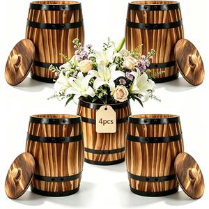 Sunmuliiiy4Pcs Wood Wine Barrel Vase 8" x 6.5" Rustic Wooden Flower Vase Rustic Barrel Barrel Planter for Wedding Reception Table Decoration Home Indoor Outdoor Garden, Kitchen, Party Table Decoration