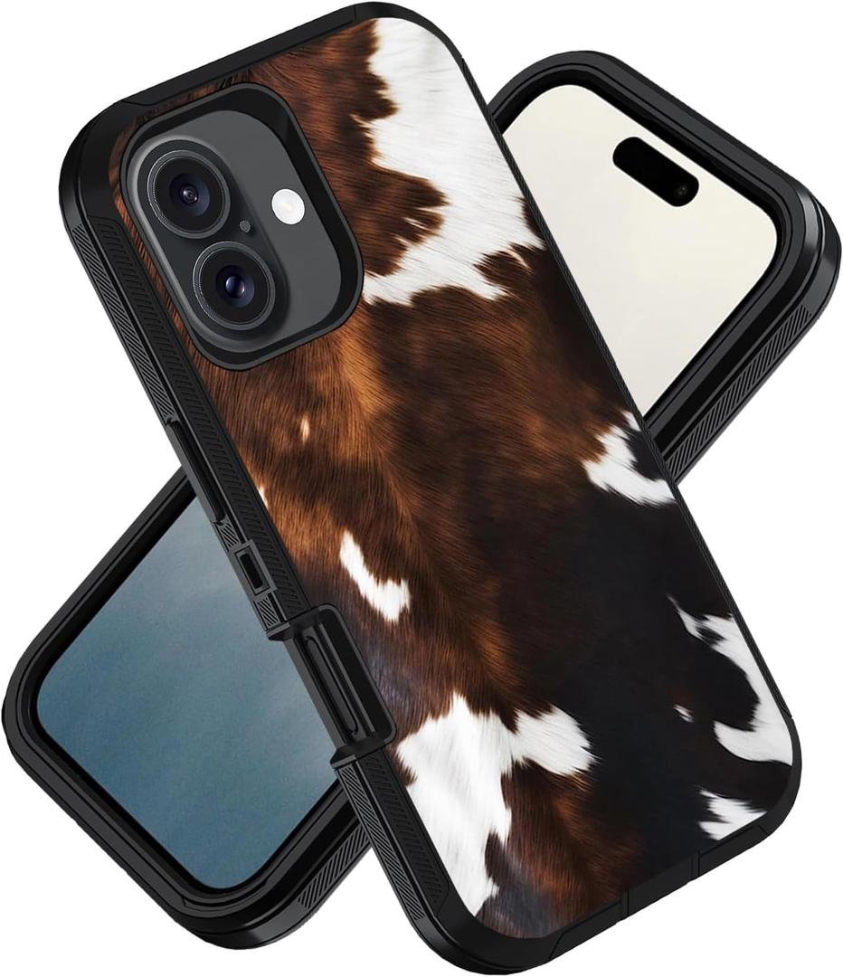 Designed for iPhone 16 Case, Military Grade Heavy Duty 3-Layer Shockproof Drop Phone Protective Cover for iPhone 16 (2024) 6.1 inch, Brown Cow Print