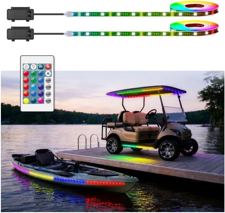 Battery Operated Marine Submersible Boat Lights Strip, 2 Pcs 4FT 9V IP68 RGB Golf Cart Canopy Roof Underglow Lights, Kayak Paddleboard Light, Boat Interior Deck Courtesy Light