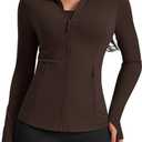 AVGO Womens Workout Jackets Lightweight Athletic Zip Up Jacket Slim Fit Running Gym Top with Pockets & Thumb Holes (Brown, M)