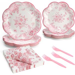 96 PCS Floral Paper Plates, Pink Vintage Floral Paper Plates and Napkins Party Supplies for Birthday Bridal Shower Picnic Tea Time, Serve for 24 Guests