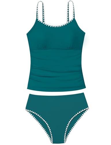 TyeSmo Girls Swimsuits for Teens Solid Color Tankini Contrast Trim Swimwear 2 Piece Teen Bathing Suits Padded Teen Swimsuits for Girls 13-14 Years Bathing Suit for Teens