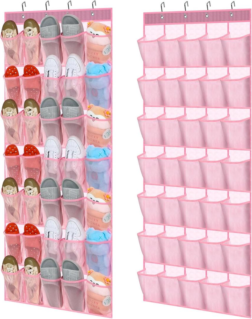 Windyun 2 Pcs 70 Large over The Door Shoe Organizer Hanging Shoe Rack for Closet Holder Pink Mesh Pockets Back to School Behind Door Hanger Storage Nonslip for Home Room School Dorm, Each 35 Pockets