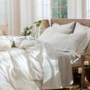 MooMee Striped Sheet Set 100% Washed Cotton Linen Like Textured Breathable Durable Soft Comfy (White Heathered Green Wide Stripes, Queen)