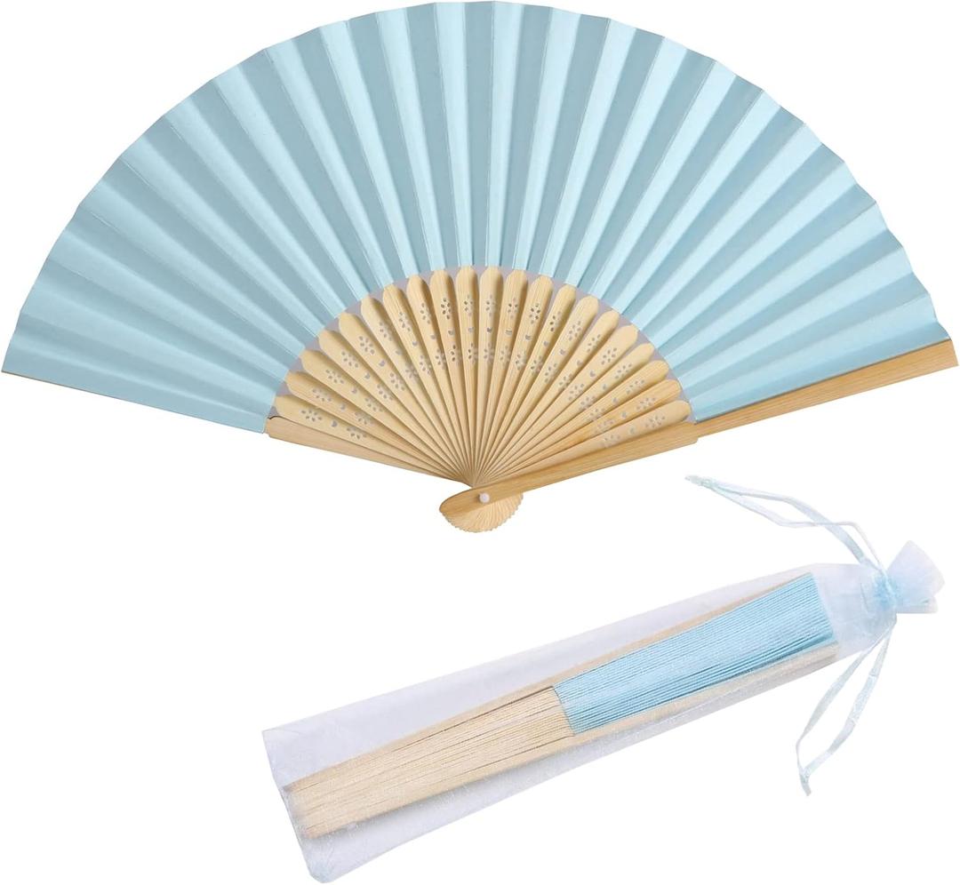 50pcs Paper Hand Fan with Organza Bags Bamboo Handheld Folding Fan DIY Decorative Wedding Party Favors (Light Blue)