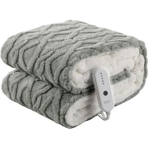Heated Blanket Electric Throw 50''X60''-Fluffy Ultra Soft Electric Blanket with 3D Stylish Design, 240g Plus 200g Sherpa, 5 Heating Levels and 4 Hours Auto Off, Machine Washable, Gray