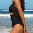 Charmo Womens One Piece Swimsuit Ruched Tummy Control High Cut Backless V Neck Bathing Suits Swimwear (Black, XL)