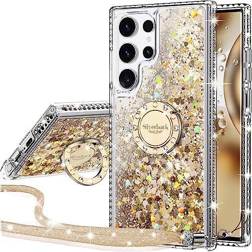 Silverback for Samsung Galaxy S24 Ultra Case with Ring, Women Girls Bling Holographic Sparkle Glitter Cute Cover,Diamond Ring Protective Phone Case for Galaxy S24 Ultra - Clear Gold