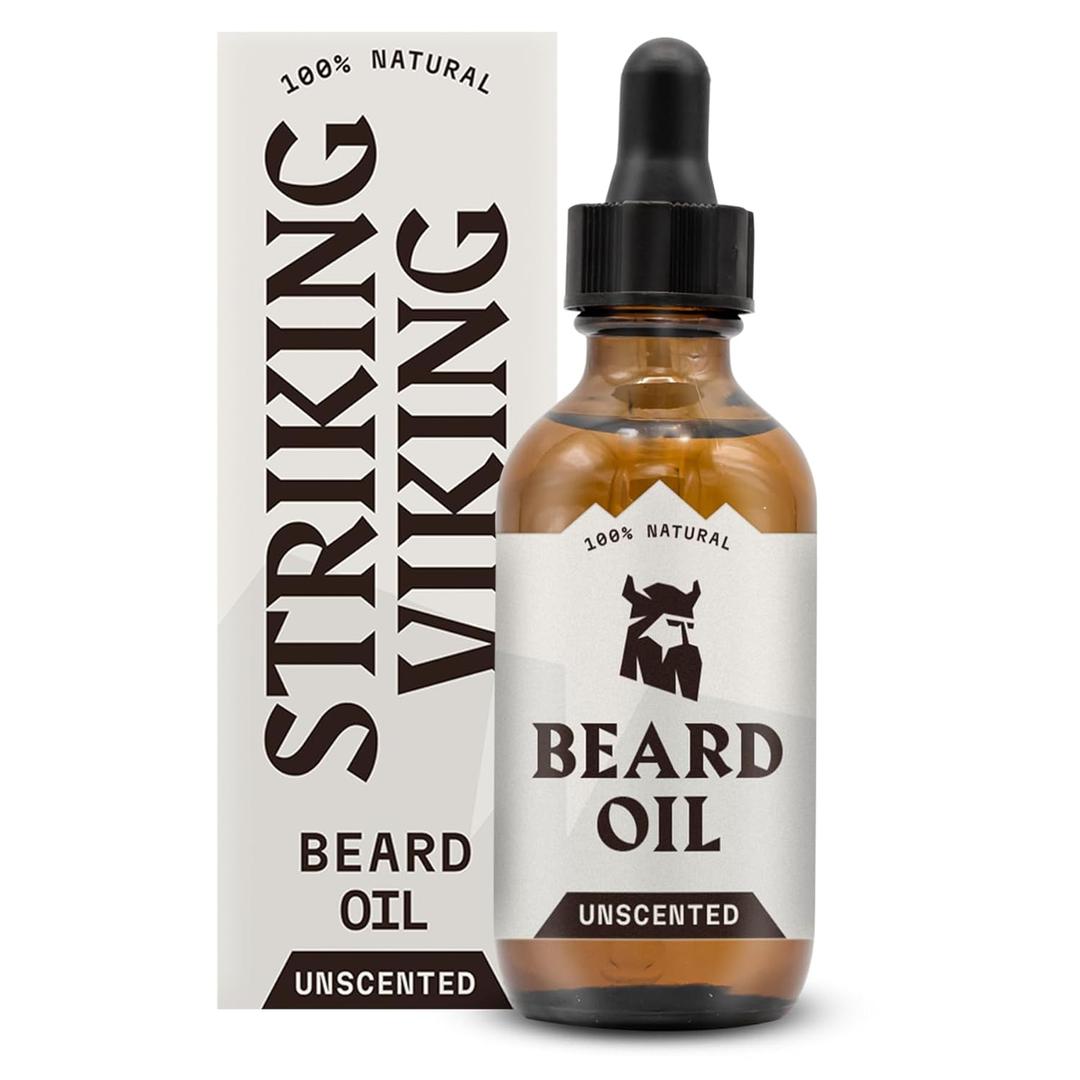 Striking Viking Beard Oil for Men - 2 Fl Oz, Unscented - Naturally Derived Conditioner with Almond, Tea Tree, Argan & Jojoba Oil for Beard Growth, Softening & Moisturizing (2 Fl Oz (Pack of 1))
