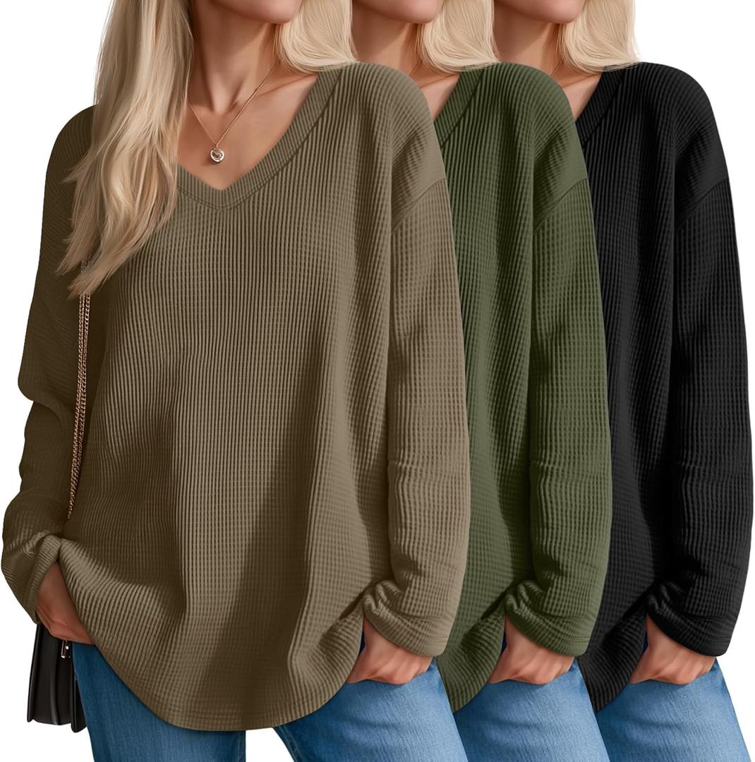 3 Pack Women's Oversized Waffle Knit Shirts, V Neck Long Sleeve Top Fall Casual Sweatshirt for Women (X-Large, Black, Army Green, Coffee)