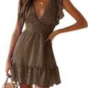 Women Floral Mini Dress Sexy V Neck Ruffle Flutter Sleeve Polka Dot Summer Dresses (Brown, XS)