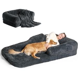 EHEYCIGA Foldable Human Dog Bed, Orthopedic Memory Foam Human Sized Dog Bed, Waterproof Pet Bed for People, Faux Fur Pet Couch for Adult, Dark Grey, 72"x44"x11" (72x44x11(Folded 44x36))