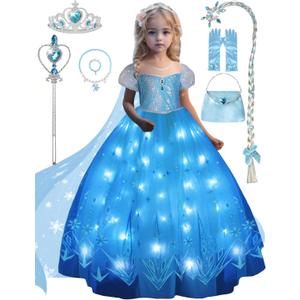 Princess Costume for Girls, Light Up Princess Dress with Accessories, Wand, Cape, Crown, Bag, Halloween Dress Up Clothes for Girls, Christmas Princess Costume for Girls, 140 (8-9 Y)