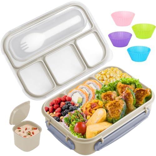Yumuk Bento Box Adult, Lunch Box Containers for Adults Men Women, 5 Cup Bento with 4 Compartments &Spork &Sauce Box, Leak-Proof, Microwave/Dishwasher Safe(Beige)