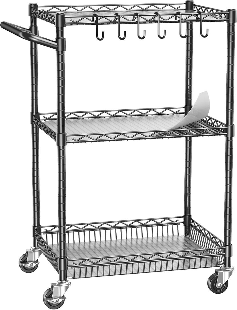 Metal Steel Wire Cart with Wheels, 3 Shelf Rolling Cart, Kitchen Trolley with Handle Bar&Shelf Liner, Commercial Grade Mobile Storage Cart for Kitchen, Living Room, Laundry, Grocery (Small & Black18d X 28w X 37h, 750lb)