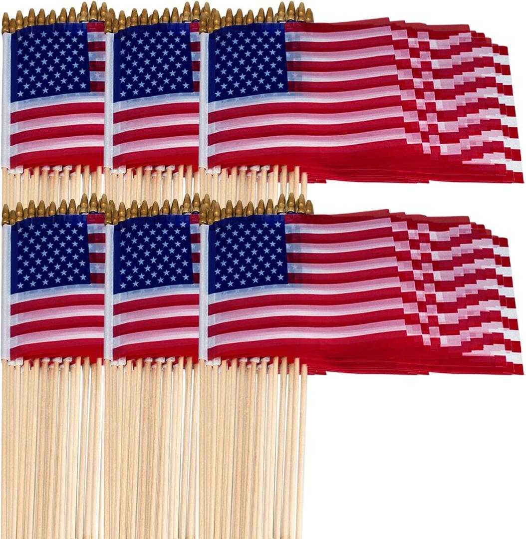 110 Pcs 12x18 Inch Small American Flags on Stick - Mini American Flags with Safety Spear Tip - Bulk Solid Wooden Pole Handheld US Flag for Parades Independence Day Memorial Day 4th of July Decorations