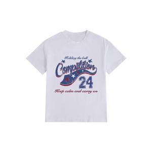 Women's Graphic Letter Tee Crew Neck Drop Shoulder Trendy Summer T Shirt (White, M)