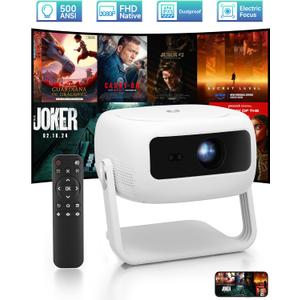 Native 1080P HD Projector with 4K Support, WiFi 6, Bluetooth, Dustproof Design, Motorized Focus, Built-in Speaker, Smart Projector for Indoor/Outdoor Use, Compatible with Android/iOS/Windows/TV Stick