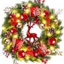 Quntis Lighted Christmas Wreath Front Door - 16'' Reindeer Winter Wreath with 8 Modes Timer, Red Gold Balls, Snowflakes, Pine Cones, Berries for Indoor Outdoor Holiday Windows Fireplace Mantel Porch