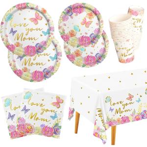 Mother's Day Party Decorations, Serve 25, Happy Mothers Day Pack Includes: Paper Dinner Plates, Dessert Plates, Luncheon Napkins, Cups and Tablecloth for Happy Mother's Day Decorations