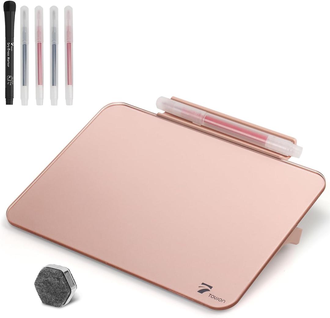 Rose Gold Glossy Mirror Mini Desktop Pure Glass Whiteboard, Small Desktop Dry Erase Board, Desk White Board Dry Erase with Accessories, Stenography Artifact for Office Homeschooling Dcor, 8x6 Inches