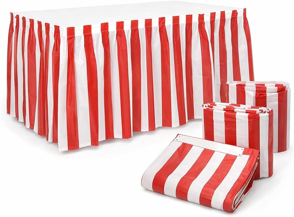 Oojami Pack of 4 Classic Red & White Striped Table Skirts - Perfect for Carnival, Circus Themed Parties, and More - Easy to Apply, 14ft Length Each