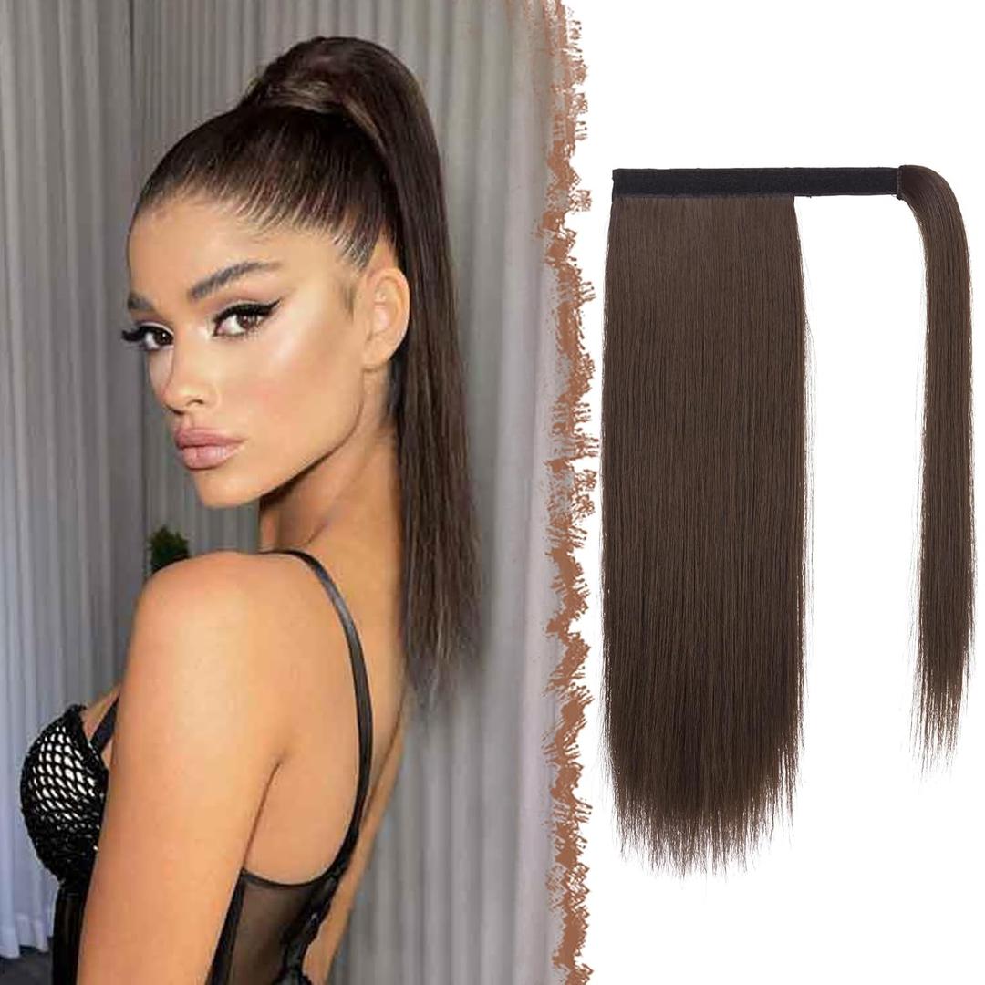 FESHFEN Straight Ponytail Extension 14 inch Natural Long Ponytails Wrap Around Clip in Pony Tail Hair Piece Synthetic Hairpieces for Women, Light Brown